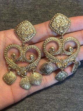 Vintage Antique-Style Gold Heart Filigree Drop Earrings with Dangle Accents